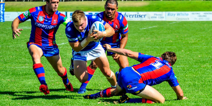 The former Brisbane Broncos centre Jordan Drew (with the ball) could well be a trump card for the Newtown Jets when they take on the New Zealand Warriors at Mt Smart Stadium on Sunday, 20th March. Photo: Gary Sutherland Photography.

