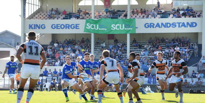 Newtown Jets impact benchman Jason Schirnack swings out a pass against Wests Tigers in this splendid Henson Park panorama taken on Saturday, 2nd April 2016. Photo: Michael Magee Photography.