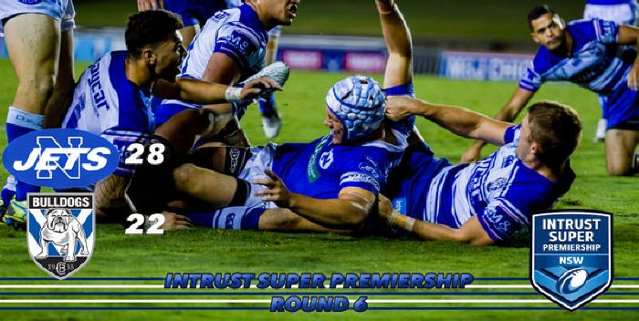 It might be a case of find the ball at Belmore Sports Ground on Friday night, but Josh Cleeland has scored for the Newtown Jets against the Canterbury Bulldogs. Photo: Mario Facchini Photography.
