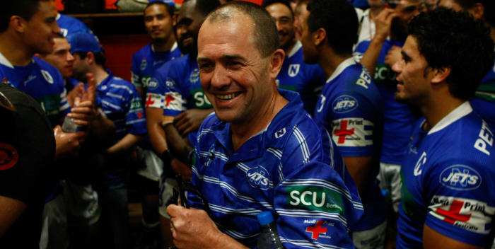 Long-serving Newtown Jets head coach Greg Matterson pictured in a jubilant mood after a semi-final victory back in 2012. Photo:
Jason McCawley Photography.
