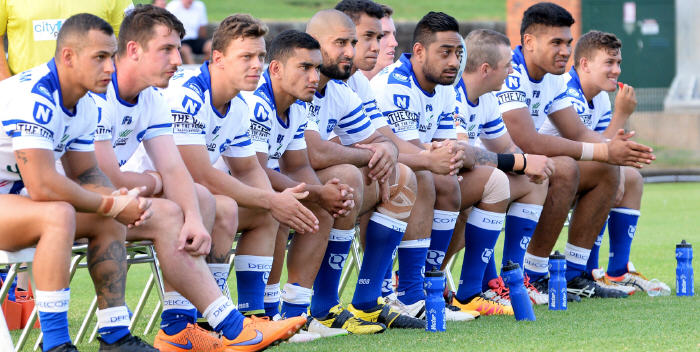 And then there were eleven … these Newtown Jets lads all look keen to get their chance to impress in last Saturday’s trial match against Mounties at Henson Park. From the left: Saxon Onur, Vaughan Thistlethwaite, Leigh Higgins, Tyla Tamou, Khalid Deeb, Tesimoni Taliauli, Jordan Galloway, Nesiasi Mataitonga, Justin Faughlin, Tepatasi Fuiavailili, Brent Anderson. Photo: Michael Magee 
