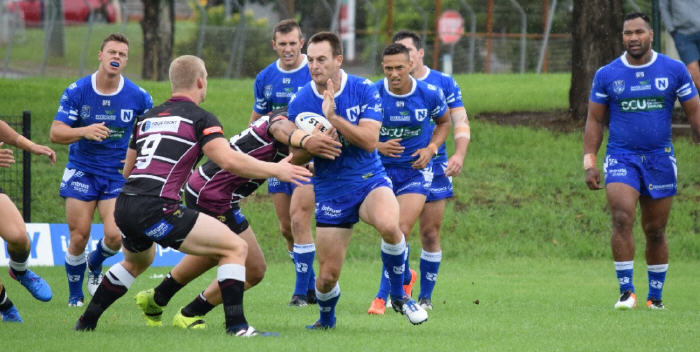 Matt Evans (in possession) in last Sunday’s match against Blacktown Workers Sea Eagles, with these Jets players in the background from left to right:  Leigh Higgins, Kurt Capewell, Manaia Cherrington, Daniel Mortimer (obscured), Tony Williams. Photo: Supplied by the NSWRL
