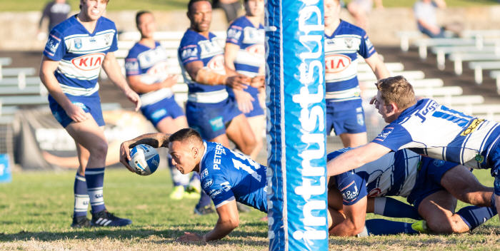 Hooker Manaia Cherrington scores under the northern end posts against the Canterbury Bulldogs at Henson Park on Saturday. Photo: Mario Facchini, MAF Photography

