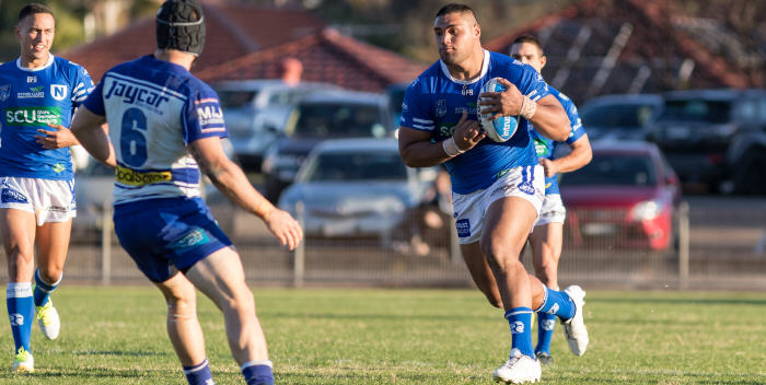 Newtown Jets front-rower Saulala Houma gets ready to challenge the Canterbury Bulldogs defence in the two clubs’ recent ISP NSW drawn match at Henson Park. Photo: MAF Photography
