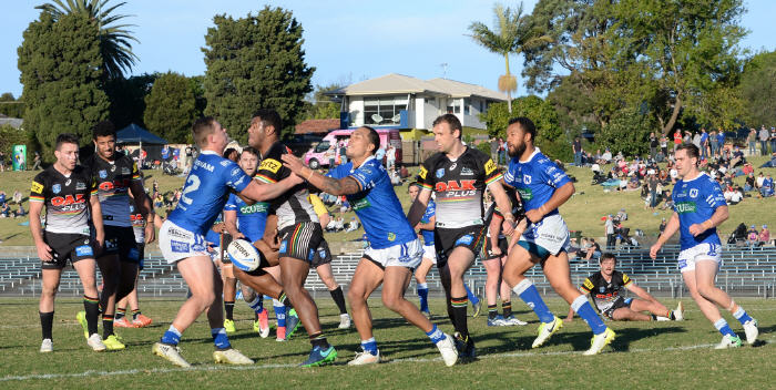 It looks like this Penrith Panthers player has lost the ball last Saturday at Henson Park – and in any case there were several Newtown Jets players on hand (from left to right): Jack Williams, Kurt Kara, Joseph Paulo and Adam Clydsdale. Photo: Michael Magee Photography
