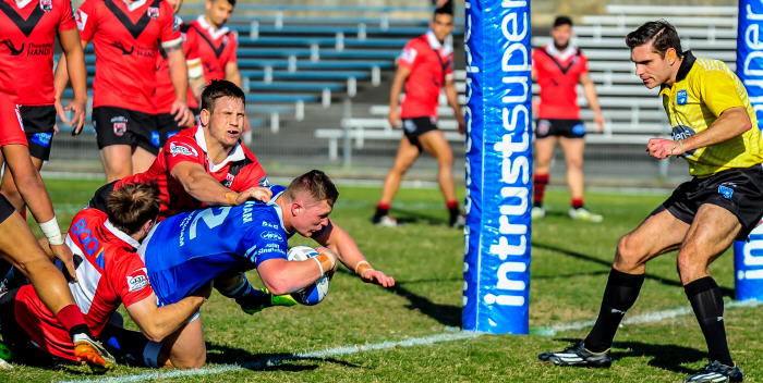 Newtown backrower Jack Williams powers over to score the Jets first try against North Sydney at Henson Park on Saturday. Photo: Gary Sutherland Photography
