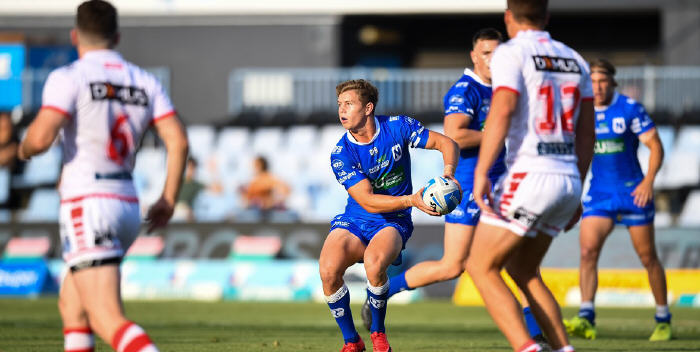 Hooker Blayke Brailey (with the ball) has been in fine touch in his first two games with the Newtown Jets. Photo:
Courtesy of the NSW Rugby League.
