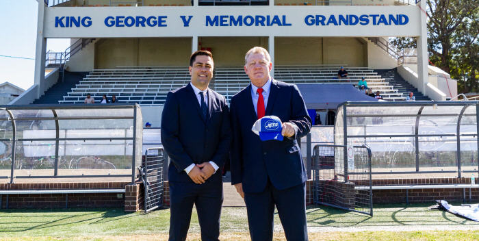 Two distinguished former players with the Newtown Jets, Jamie Soward and Phil Gould, were on broadcasting duty with Channel Nine at Henson Park on Saturday. The mercurial five-eighth and halfback Jamie Soward played with the Jets in 2006 and 2007, while the clever ball-playing second-rower Phil “Gus” Gould was with the club in 1981 and 1982. Photo: Mario Facchini (MAF Photography)
