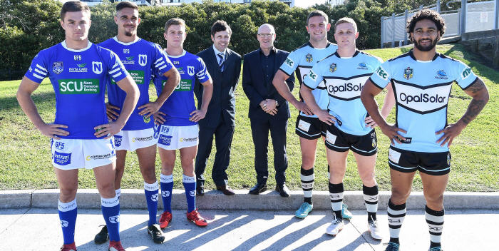 Pictured at today's announcement (from L to R) Kyle Flanagan, Will Kennedy, Blayke Brailey, Stuart McCarthy (NRLFC CEO), Barry Russell (CSFC CEO), Kurt Dillon, Jack Williams & Ricky Leutele.