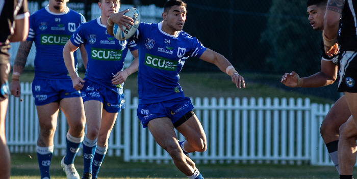 Newtown Jets winger Tyla Tamou (with the ball) was called up for yesterday’s match against Wentworthville, and he showed great dash in scoring an important try early in the second half. Photo: Mario Facchini, mafphotography

