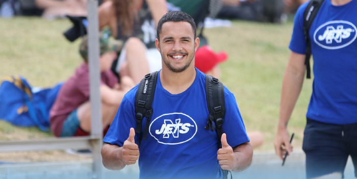 web Braydon Trindall, 2nd March 2019 (Cronulla Sharks Media) Newtown’s halfback, Braydon Trindall (a Wee Waa junior and a key member of the 2018 Cronulla Sharks Jersey Flegg premiership team) looks to be in good spirits as the Jets squad arrives for their final trial match at the Maitland Sportsground on Saturday. Photo: Cronulla Sharks Media Team.