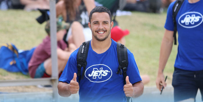 Newtown’s halfback, Braydon Trindall (a Wee Waa junior and a key member of the 2018 Cronulla Sharks Jersey Flegg premiership team) looks to be in good spirits as the Jets squad arrives for their final trial match at the Maitland Sportsground on Saturday. Photo: Cronulla Sharks Media Team. 
