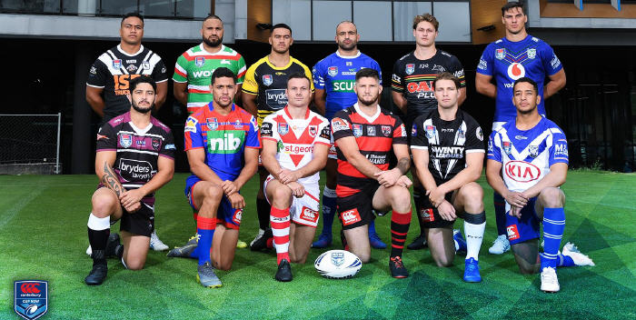 Players from the 12 clubs competing in the  the 2019 Canterbury Cup NSW competition were on photo call at the season launch held at the NSWRL Centre of Excellence at Homebush.
Newtown’s team captain Anthony Moraitis is in the back row, third in from the right. Photo: Supplied courtesy of the NSWRL.
