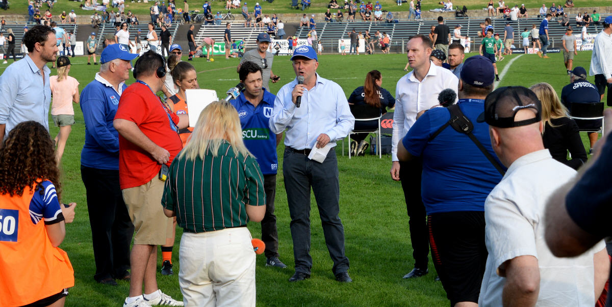 Anthony Albanese addresses the Henson Park faithful with very well received news of a funding commitment to upgrade Henson Park. Photo: Mike Magee