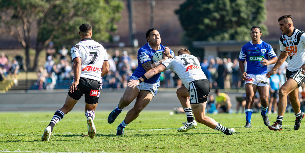Big Wes Lolo takes on the Western Suburbs Magpies defence at Lidcombe Oval last Sunday, with (on the right) Newtown Jets team-mate Braydon Trindall in close proximity. Photo: Mario Facchini, mafphotography