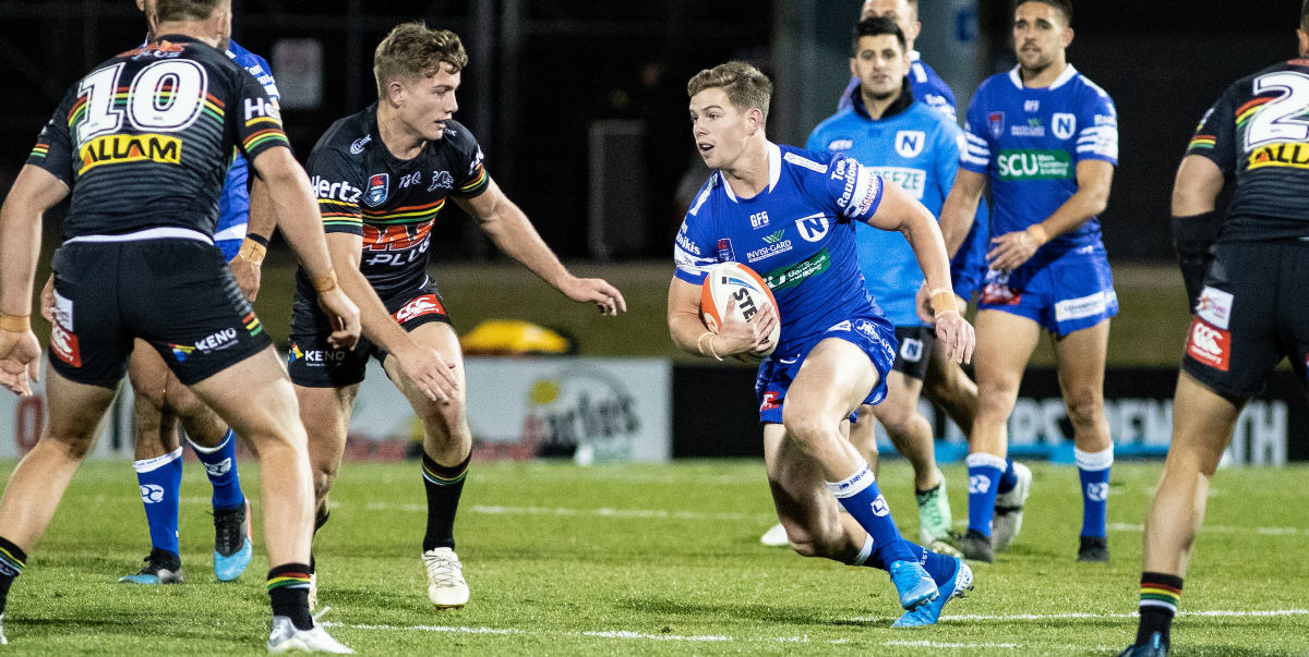 Newtown Jets hooker Blayke Brailey takes the ball forward in Friday night’s thrilling upset victory against the Penrith Panthers. Photo: Mario Facchini, mafphotography