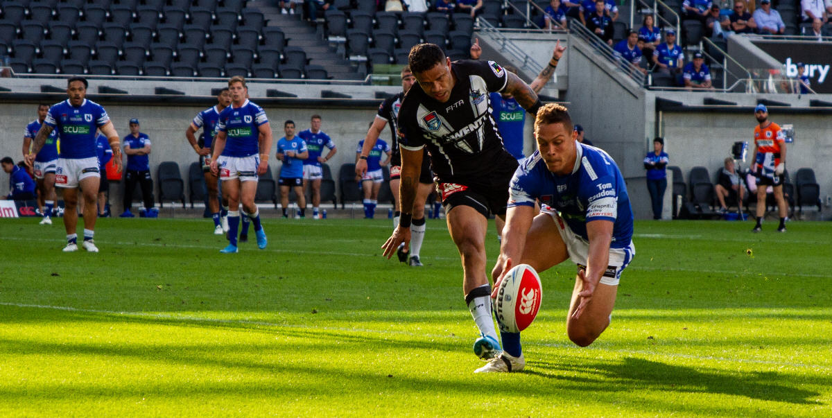 Newtown Jets dynamic second-rower Scott Sorensen scores (off a perfectly-placed kick by Billy Magoulias) in the first half in last Sunday’s Canterbury Cup NSW Grand Final against Wentworthville, played at Bankwest Stadium. Photo:  Mario Facchini, mafphotography