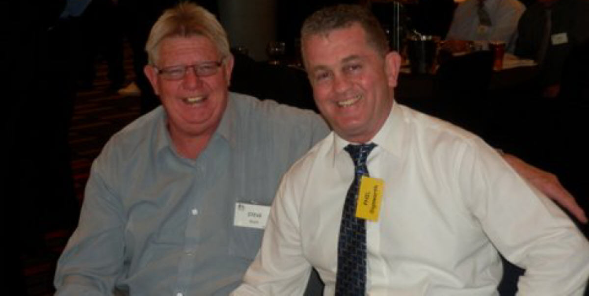 Newtown Jets fullback Phil Sigsworth (on the right) was man of the match in this epic 1981 elimination semi-final. Phil is pictured here at a social function with one of his 1981 Jets team-mates, second-rower Steve Blyth. Photo: Courtesy of Western Suburbs RLFC.  