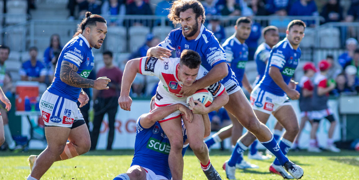 Newtown’s impact forward Toby Rudolf comes over the top in the 2019 Canterbury Cup NSW preliminary final, played against St George-Illawarra at the Netstrata Jubilee Stadium (Kogarah Oval) on Sunday, 22nd September. Photo: Mario Facchini, mafphotography