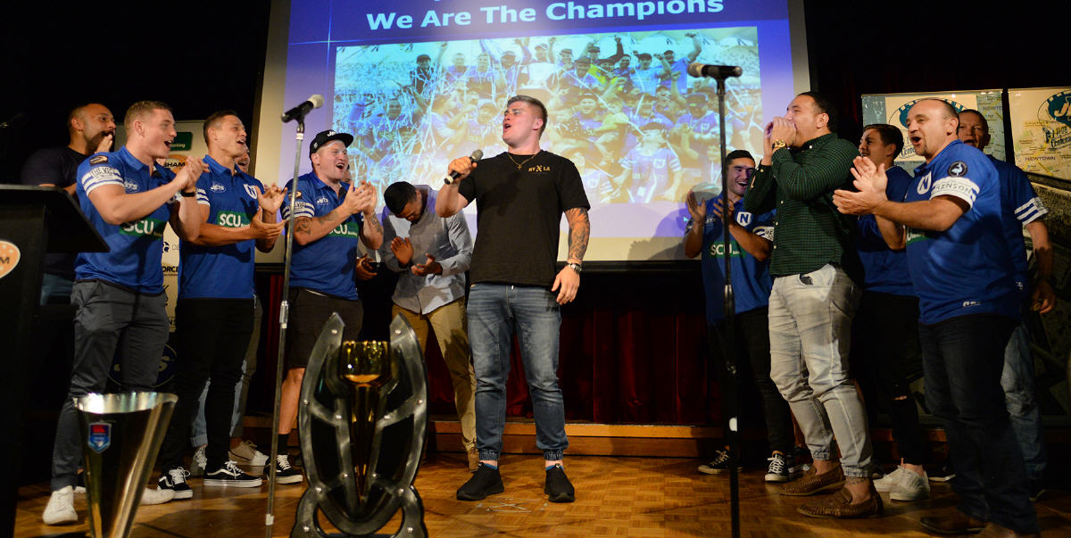 Daniel Vasquez is pictured leading the renowned Newtown Jets Victory Chorus at the Mayoral Civic Reception held at the Petersham RSL Club on the evening of Wednesday, 9th October 2019. Daniel makes his NRL playing debut with the Cronulla Sharks against the Canberra Raiders this Saturday evening (26th September). The entire Newtown Jets rugby league community sends hearty congratulations to Daniel and wishes him well on this big occasion. Photo: Michael Magee Photography.