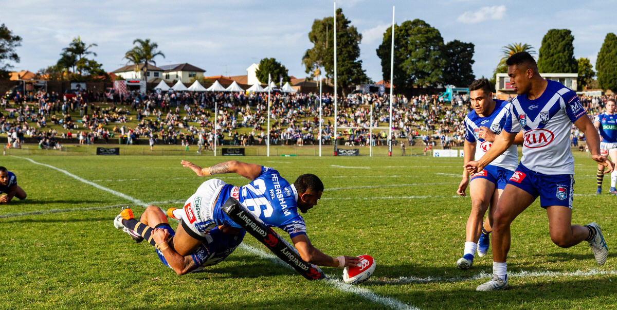 Newtown Jets winger Sione Katoa scores in his characteristically thrilling fashion, this time against Canterbury-Bankstown at Henson Park on the BF&F Festival Day on the 27th July 2019. Photo: Mario Facchini, mafphotography