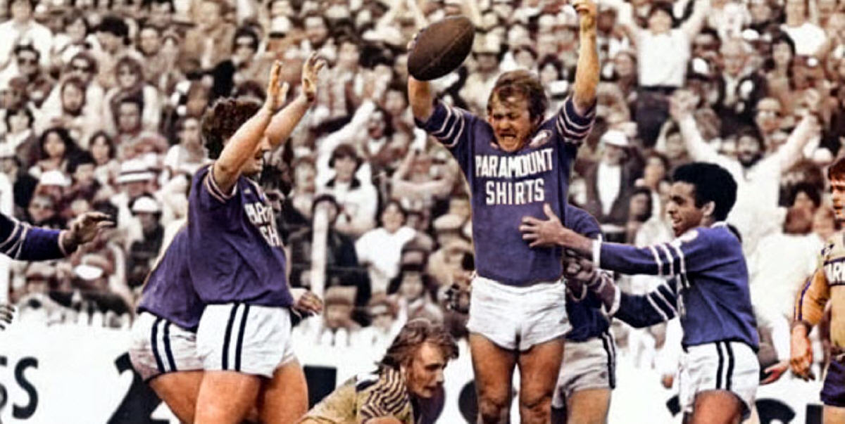 Tom Raudonikis celebrates after scoring a try in the 1981 NSWRL Grand Final (colourised by thefootydog@mail.com)