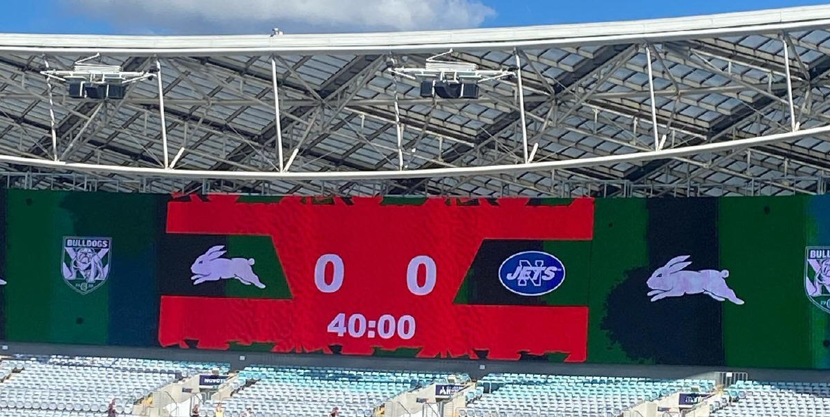 Here’s the new southern-end scoreboard at Accor Stadium prior to the kick-off of the Souths-Newtown match.