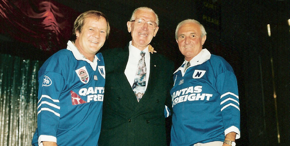 Tony Brown (right) with Tom Raudonikis and Frank Hyde at a Newtown RLFC function in 1994 (Terry Williams photo)