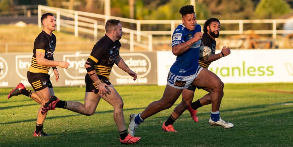 Franklin Pele barnstorming his way to a third try at Aubrey Keech Reserve in the Jets big win over Mounties. Photo: Mario Facchini/mafphotography