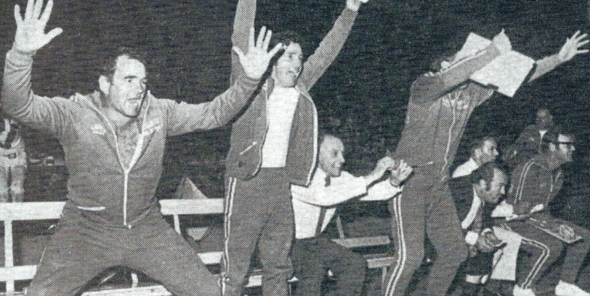 Jack Gibson (on the left) and his staff show tremendous elation as the full-time siren sounds on the night of the 17th March 1973.